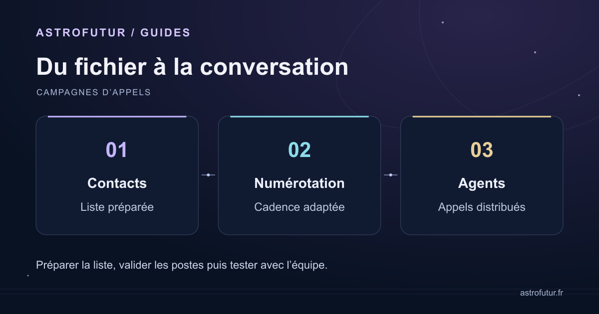 Une campagne prédictive relie une liste de contacts, la numérotation automatique et les agents disponibles.